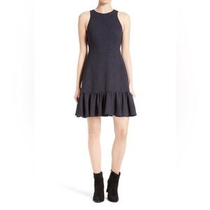 REBECCA TAYLOR Navy Textured Stretch Woven Ruffle Flounce Fit & Flare Dress 6